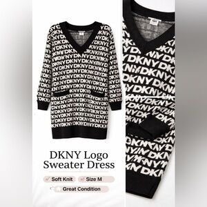 DKNY Black & White Logo Knit V-Neck Sweater Dress